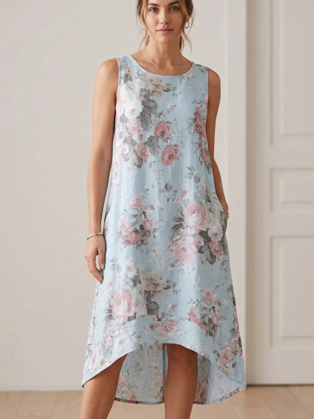 Angela Mara 100% linen Floral Sleeveless Blue Dress with pockets cabbage rose